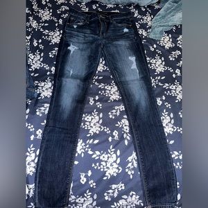 Express Women’s Skinny Jeans in Dark Wash Blue with Faded Distress